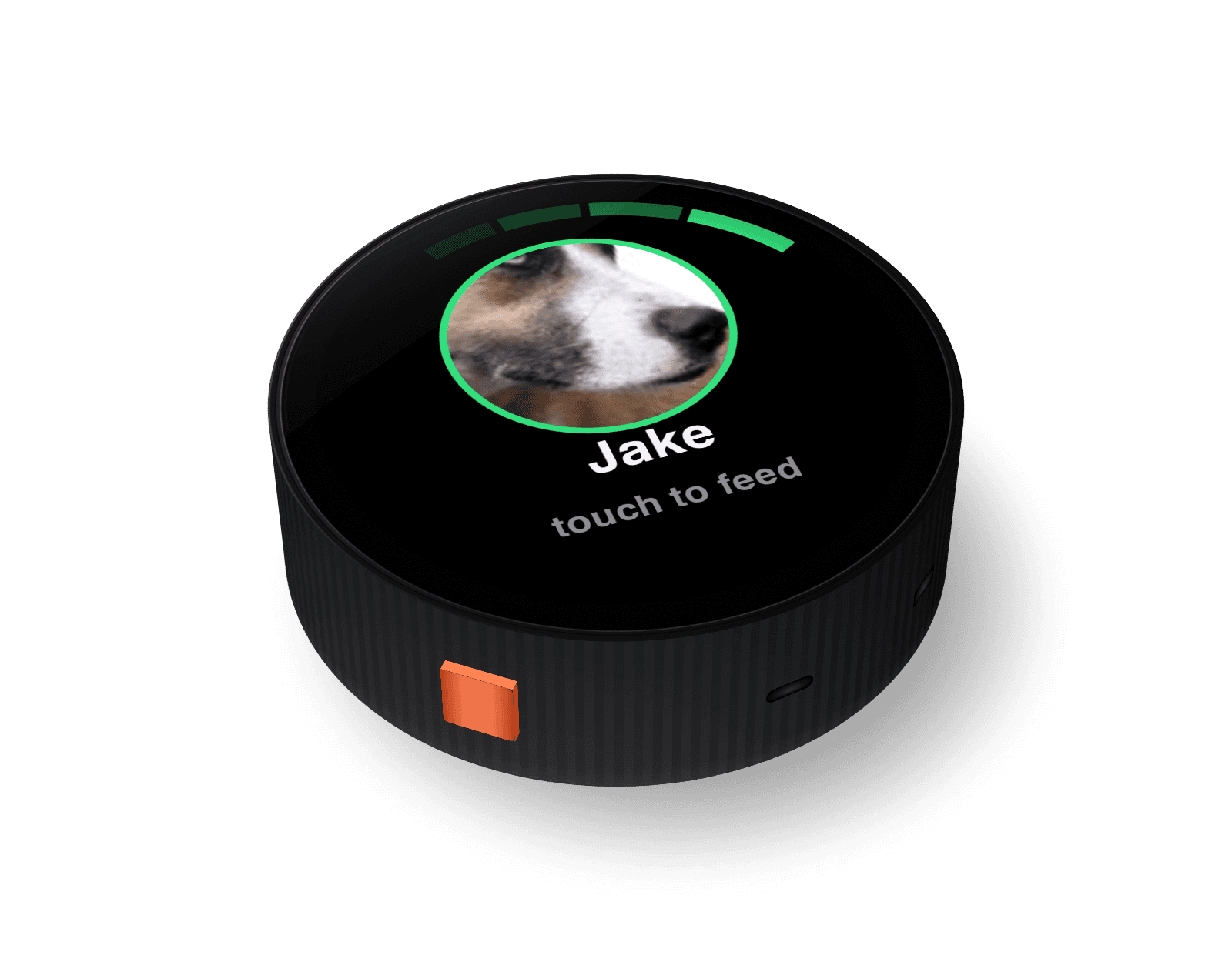 JustFed: a round touch-screen device showing a feeding-time alert