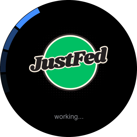 Device screen showing the JustFed logo while it refreshes from JustFed Cloud