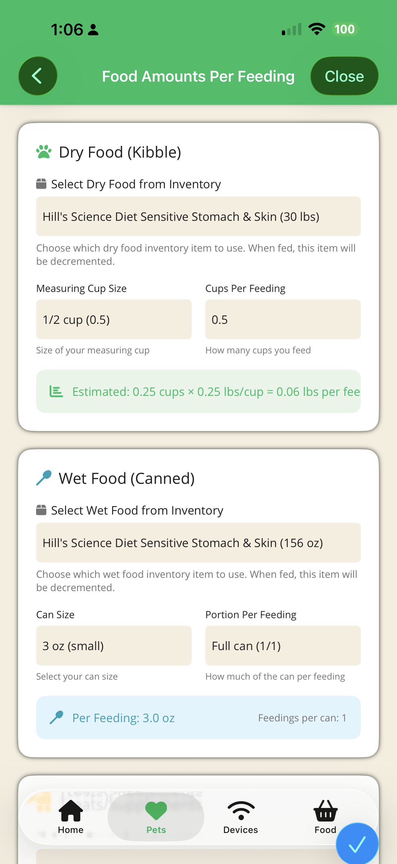 JustFed app displaying the feeding schedule for multiple pets