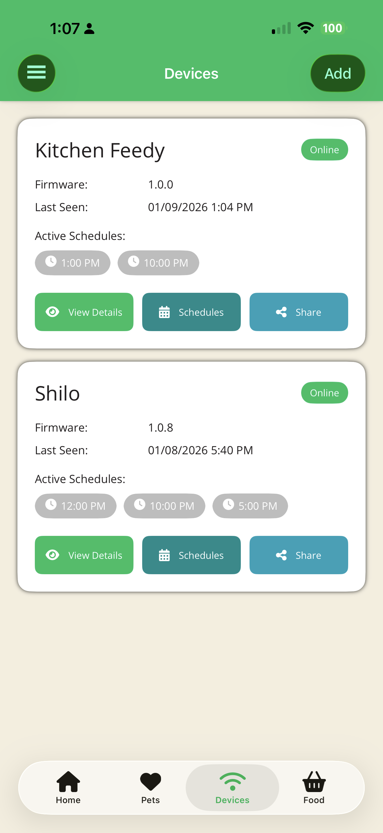 JustFed app feeding history showing who fed the pet and when