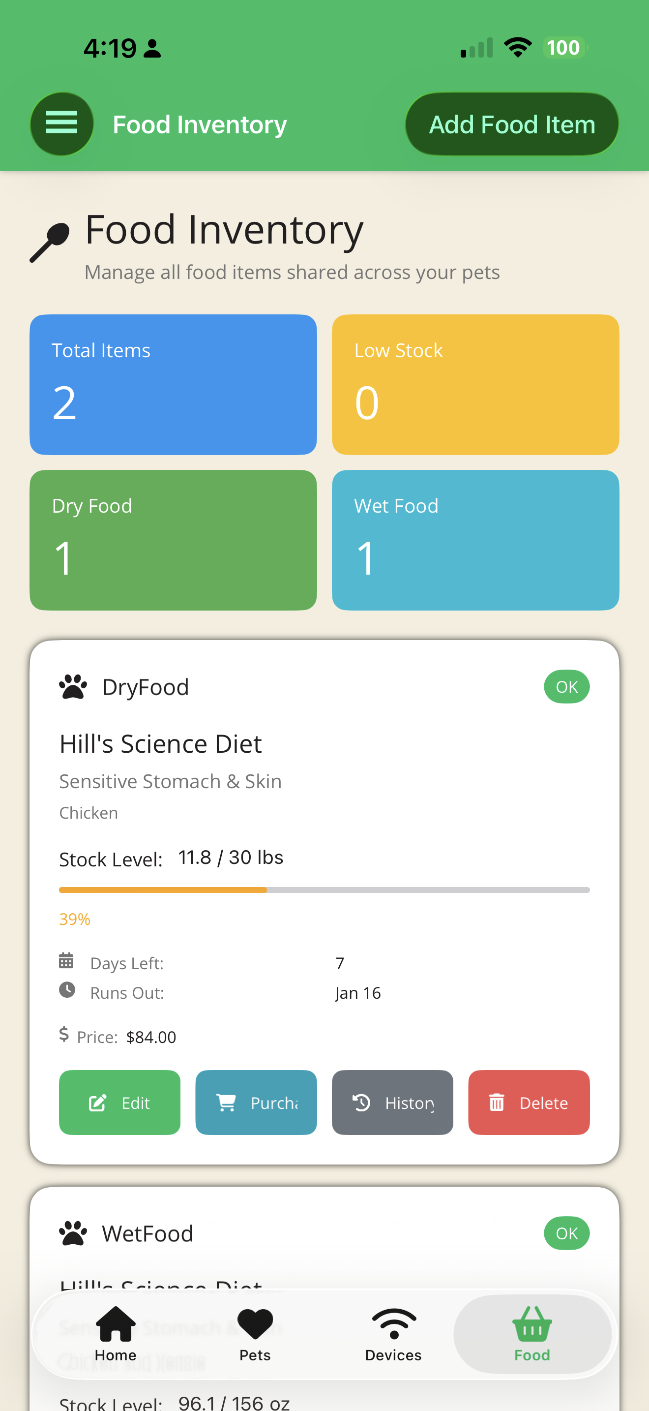 JustFed app pet profile screen